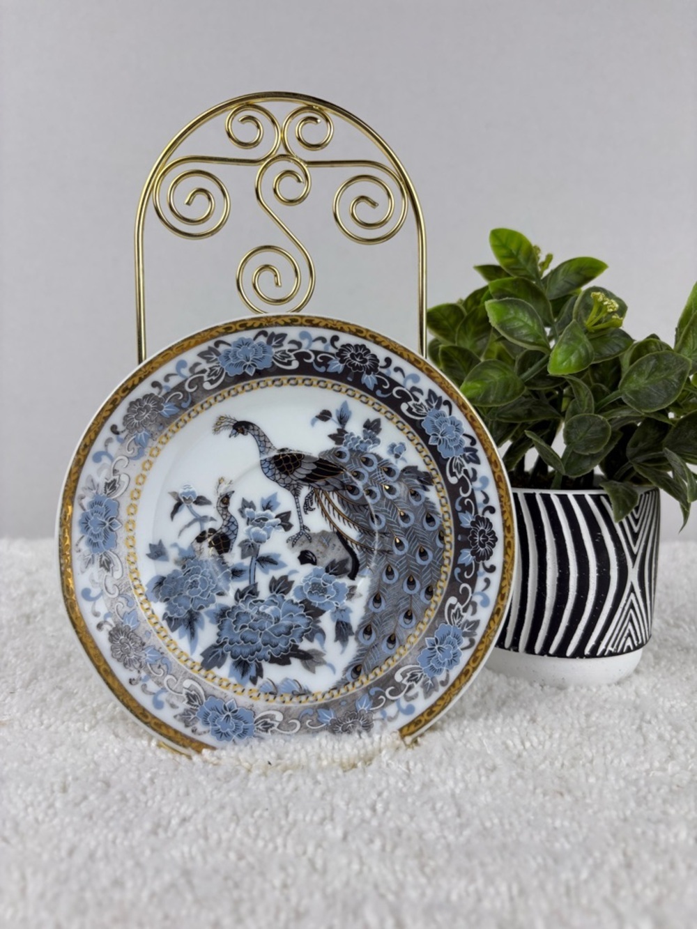 Vintage Porcelain Plate Featuring Blue and White Peacocks with Peony Motifs
